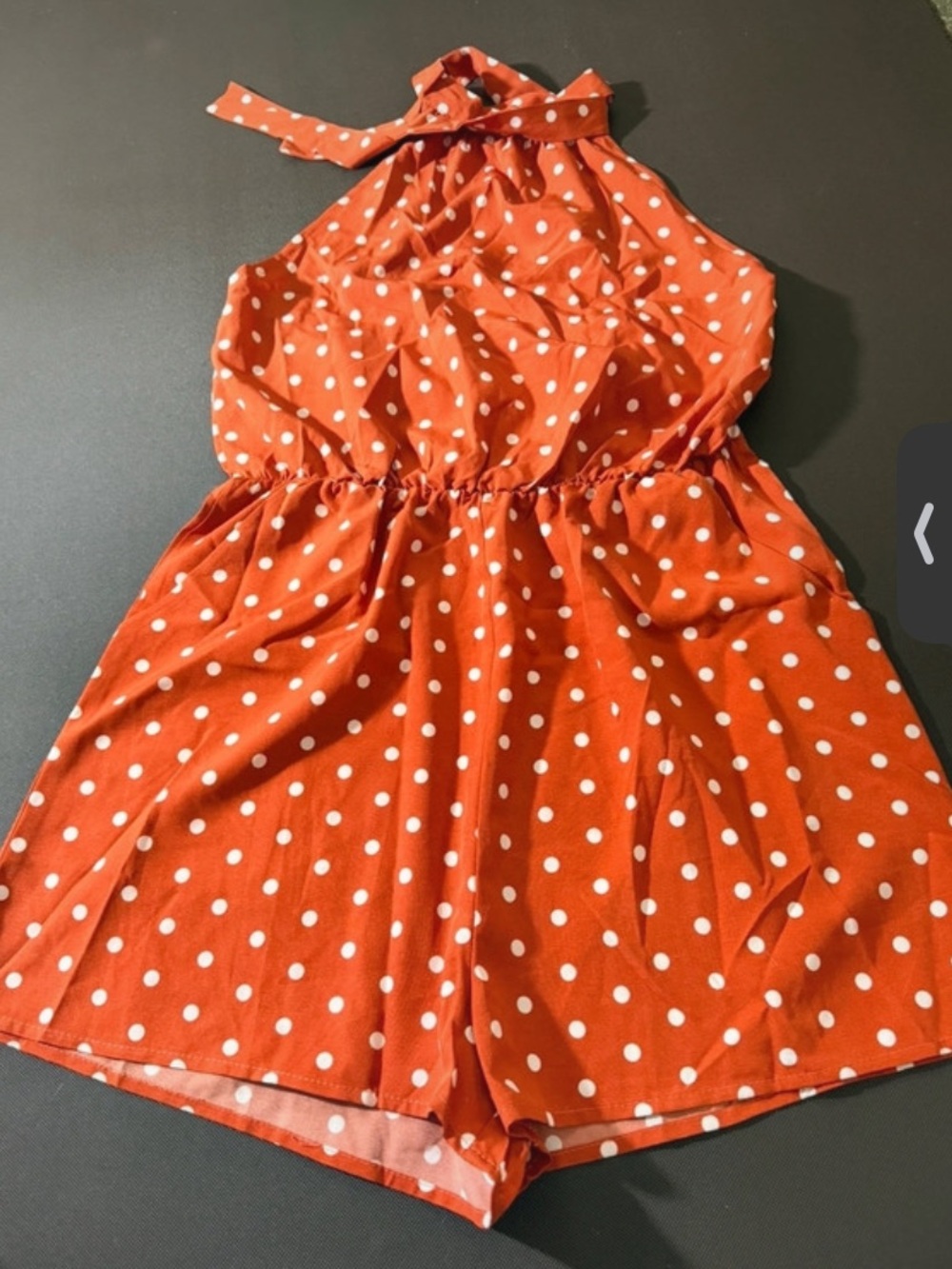 SHEIN Orange White Polka Dot Halter Romper Shorts